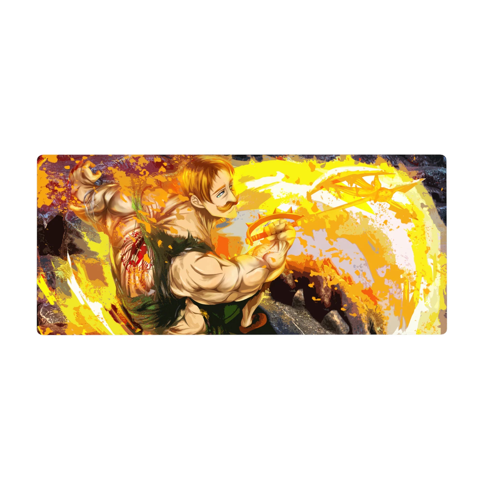 36x16 inches anime desk pad with powerhouse fighter, green outfit, rocky shadows, energy ring paint splashes.