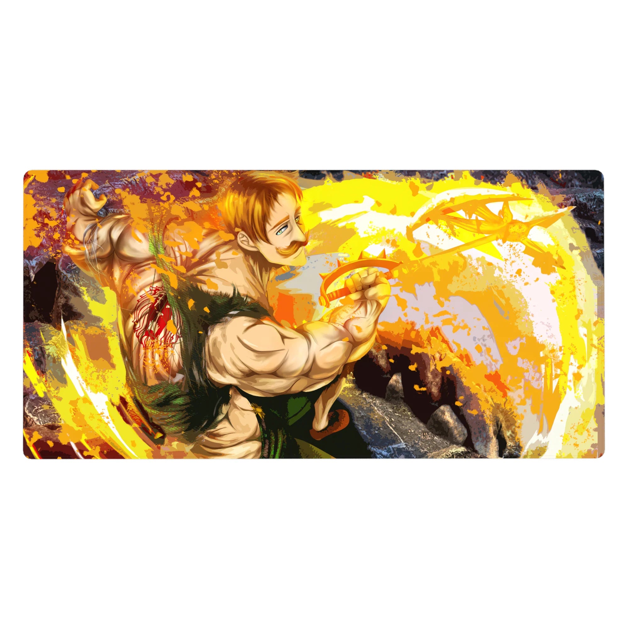 Anime fighter action desk pad 40x20 inches with mustached brawler, rocky shadows, energy rings.