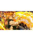 Anime fighter action desk pad 40x20 inches with mustached brawler, rocky shadows, energy rings.