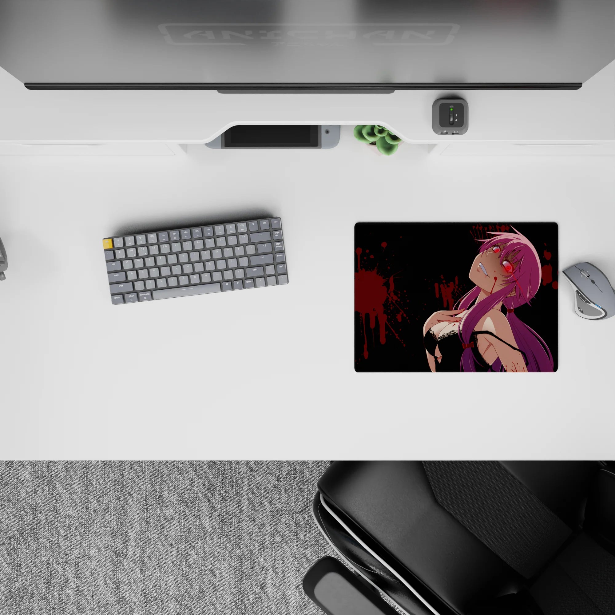 Dark neon-red and purple anime mouse pad 14x10 inches with glossy black vibe and crimson splatter.