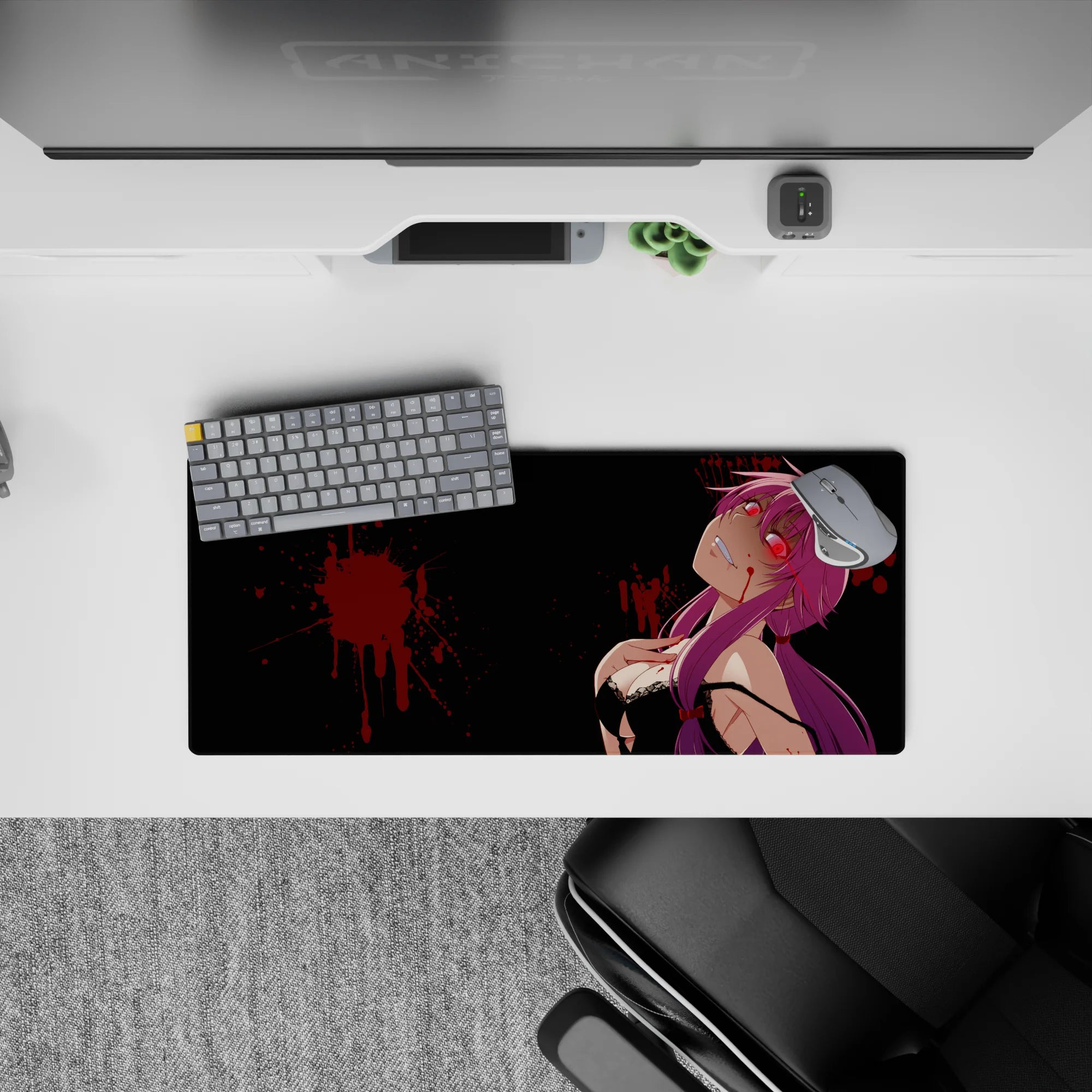 28x12 inches purple and black mouse pad with neon-red eyes and crimson splatter, edgy wicked vibe.