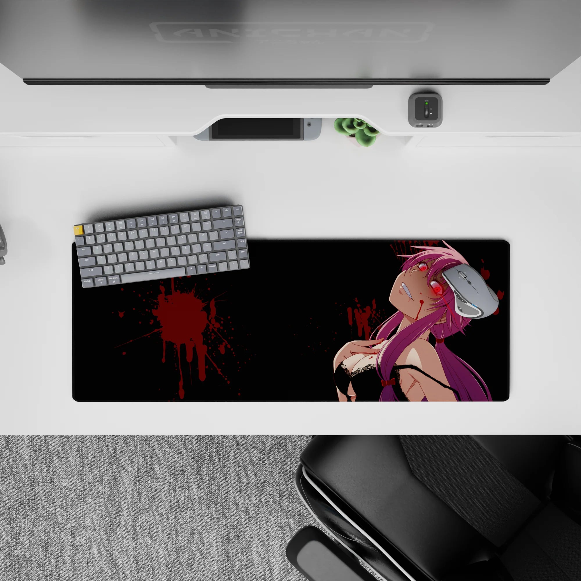 32x12 inches black mouse pad with neon-red eyes, purple hair, and a sweet-danger vibe with crimson splatter.