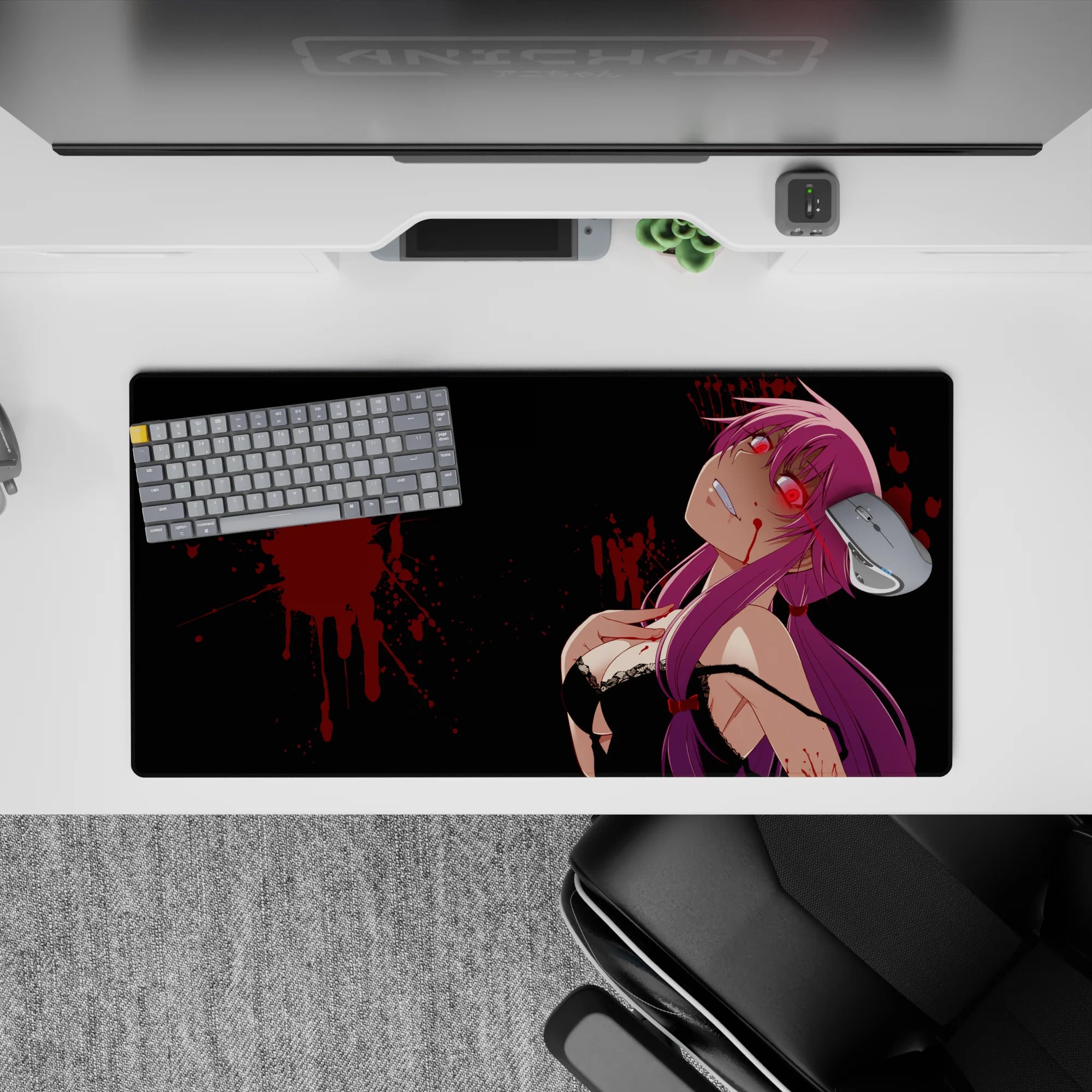 32x16 inches neon-red eyes anime mouse pad, black and purple palette with a wicked, edgy vibe.
