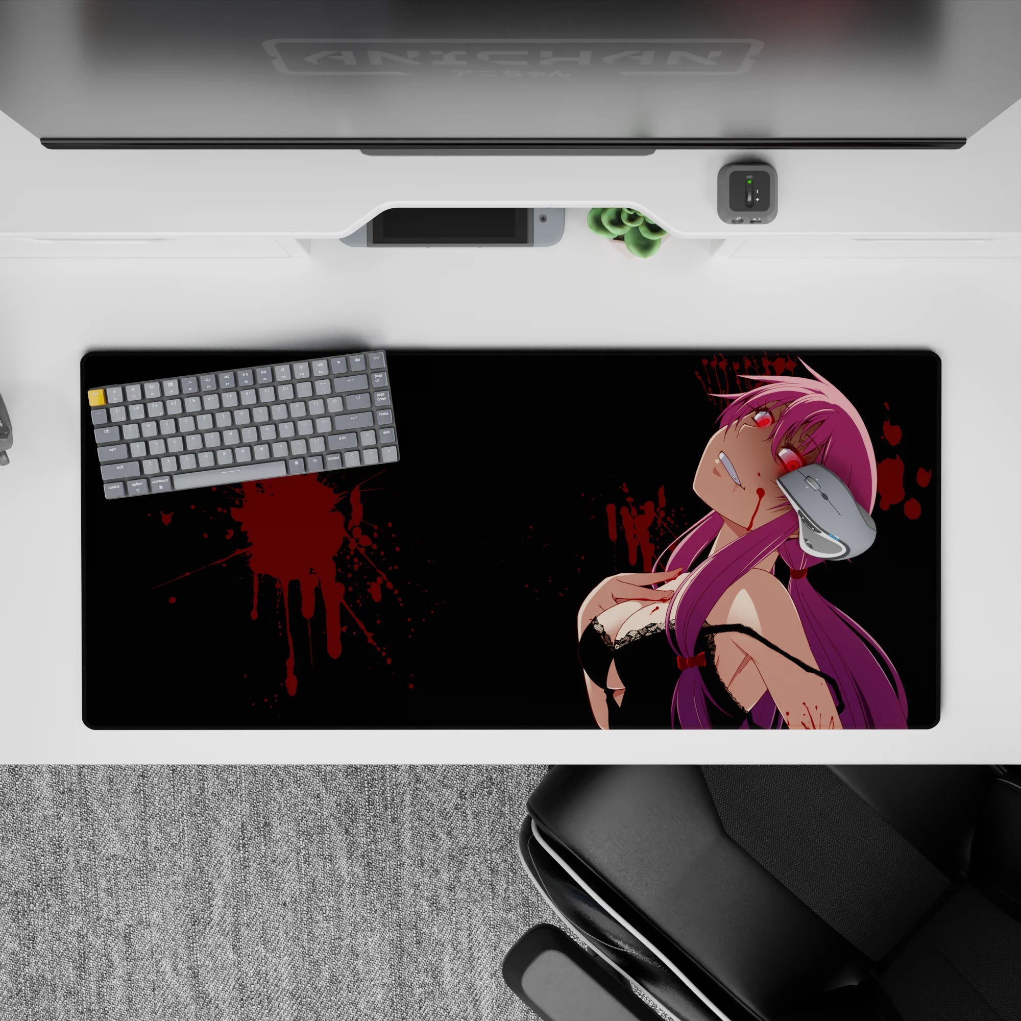 36x16 inches extended mouse pad in dark neon style, black backdrop, crimson accents, sweet-danger vibe.