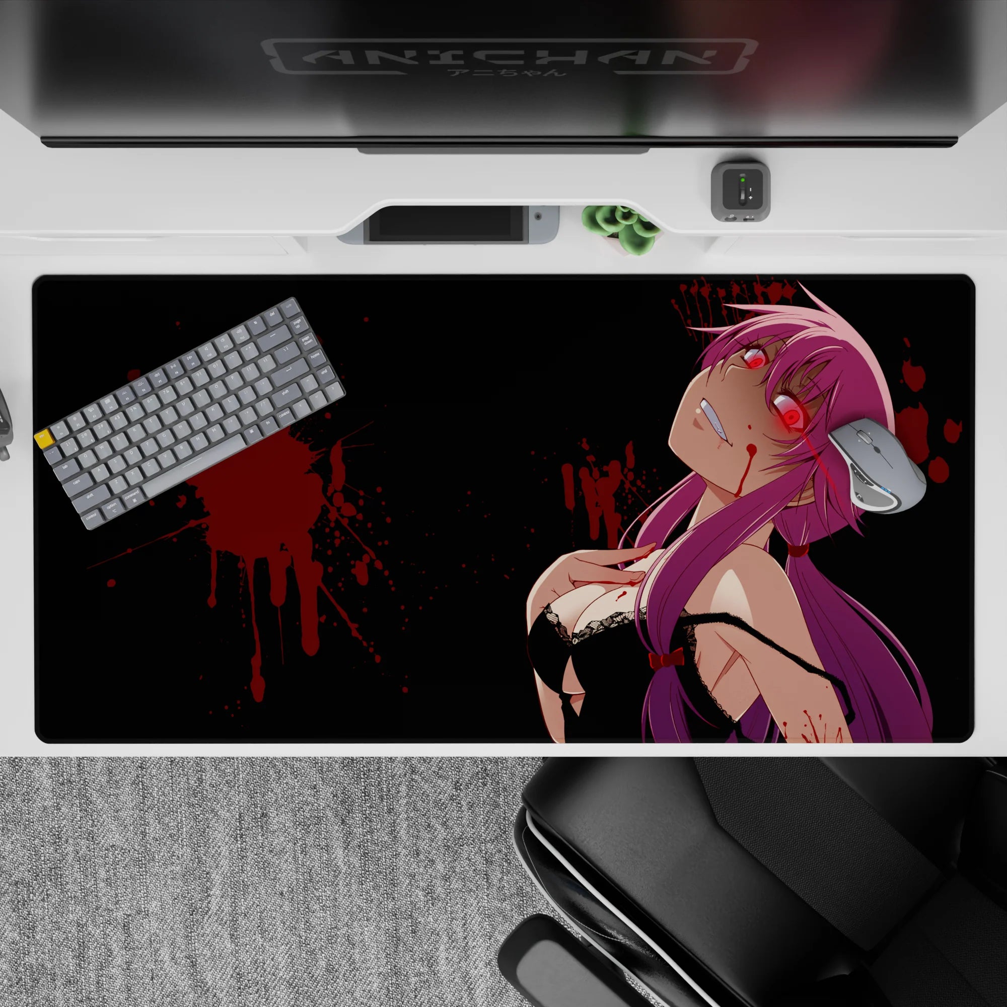 40x20 inches desk pad in dark noir style, neon red eyes, purple hair, crimson splatter on black.
