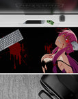 40x20 inches desk pad in dark noir style, neon red eyes, purple hair, crimson splatter on black.