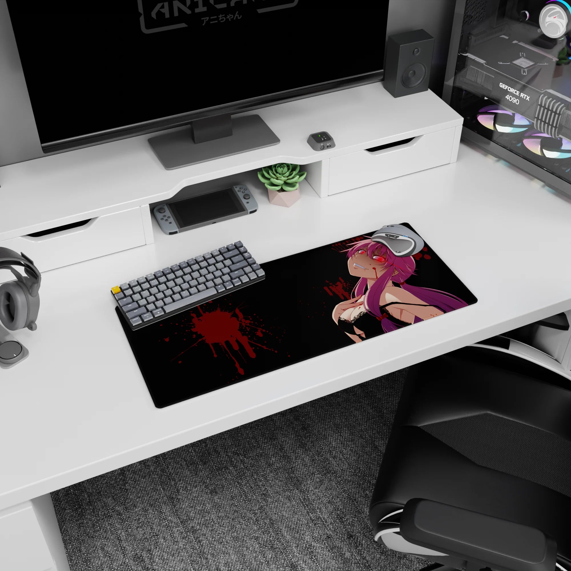 28x12 inches Yuno Gasai Future Diary mouse pad, sweet-danger smile staring up with glowing red eyes.