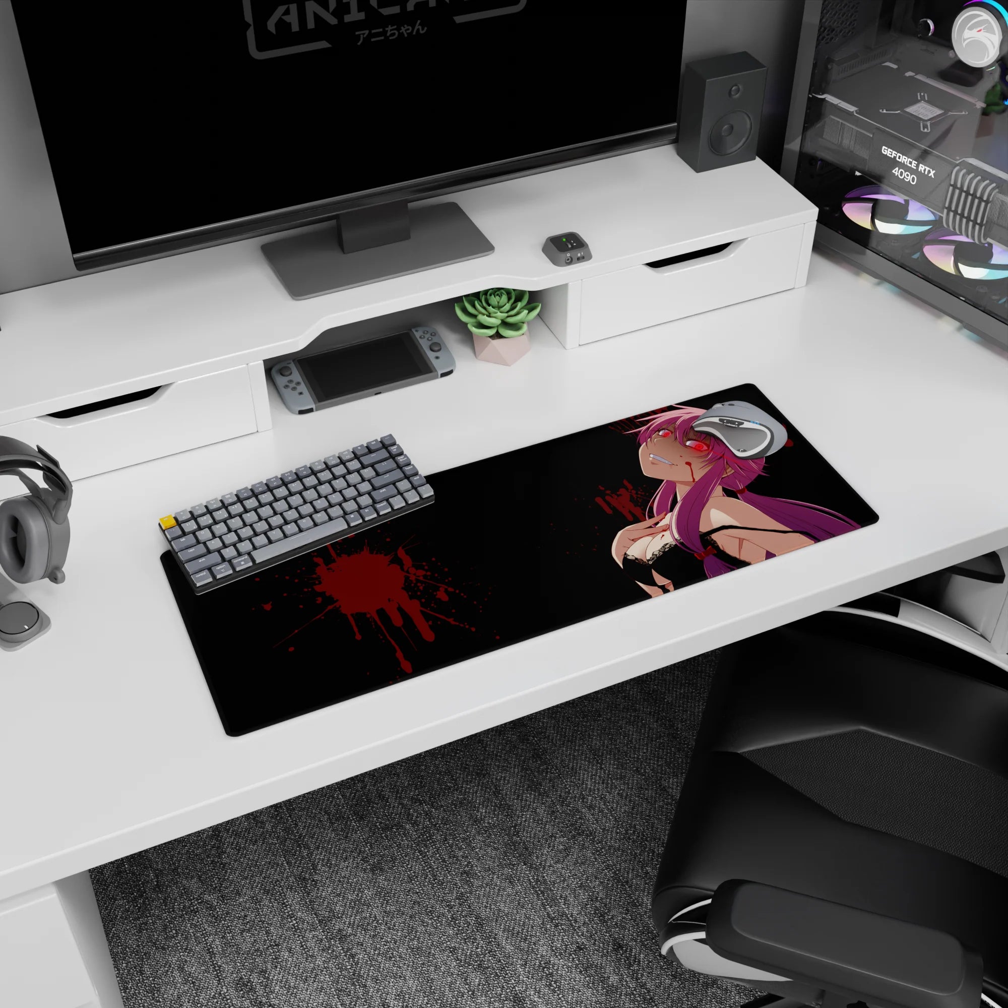 32x12 inches Yuno Gasai Future Diary mouse pad, smiling up with red eyes on a dark backdrop.