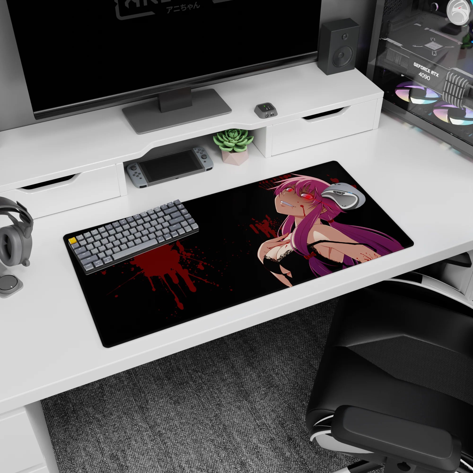 32x16 inches Yuno Gasai Future Diary mouse pad, staring up with neon-red eyes and sweet-danger smile.