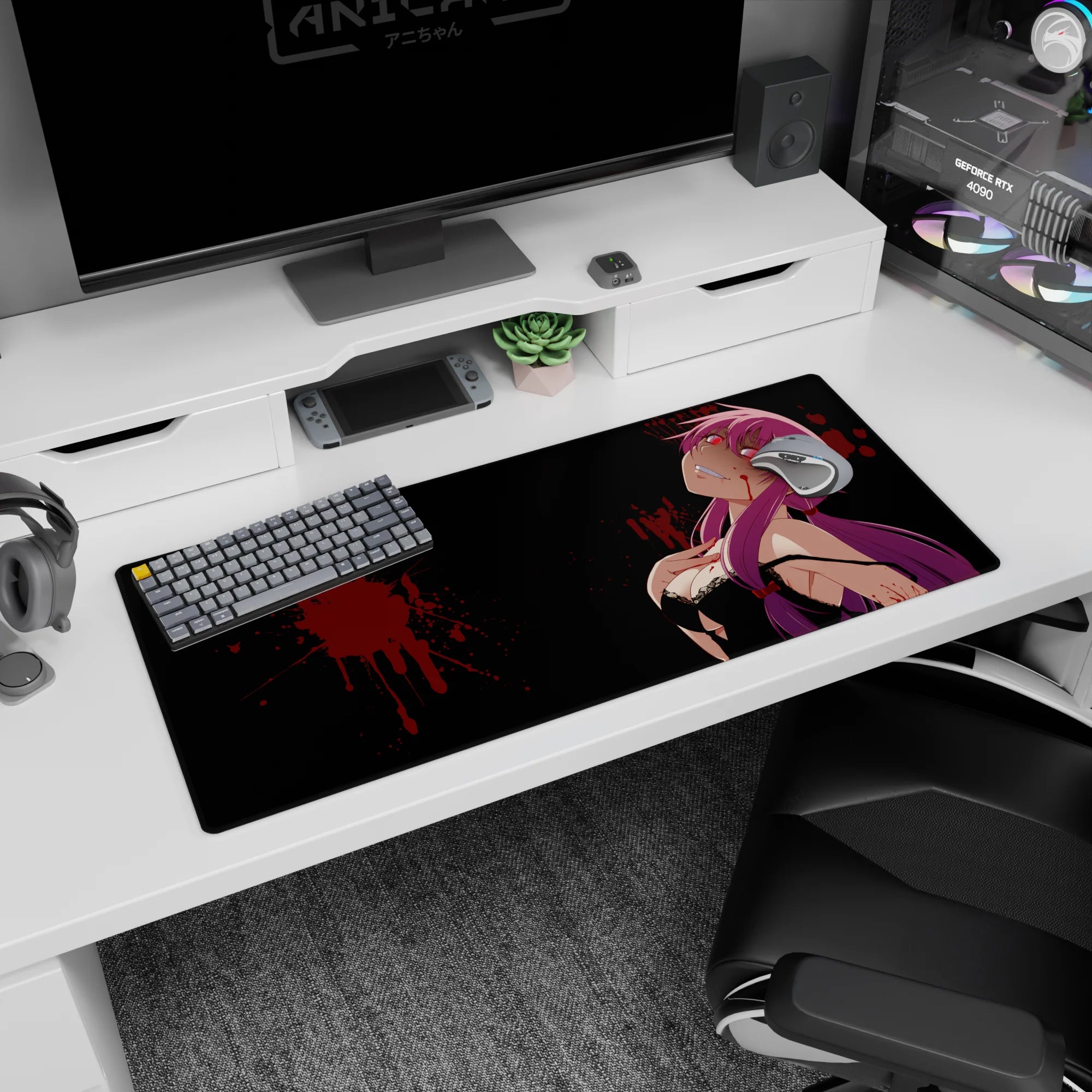 36x16 inches desk mat showing Yuno Gasai from Future Diary with neon-red eyes and a wicked smile.