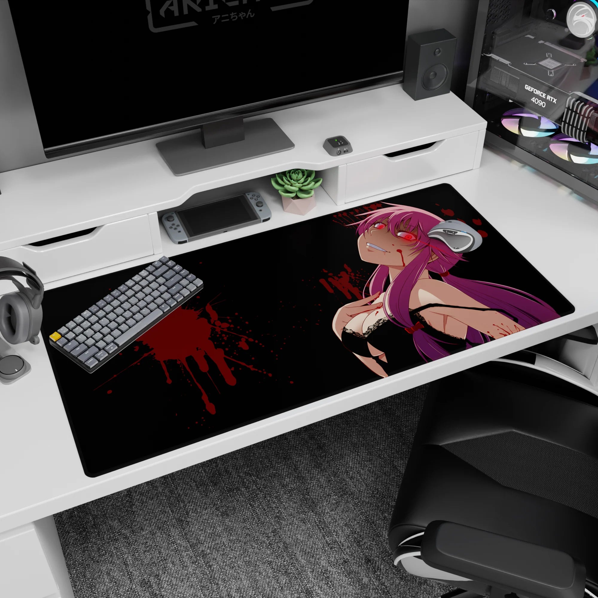 40x20 inches Future Diary mouse pad showing Yuno Gasai looking up with a sweet-danger smile and red eyes.