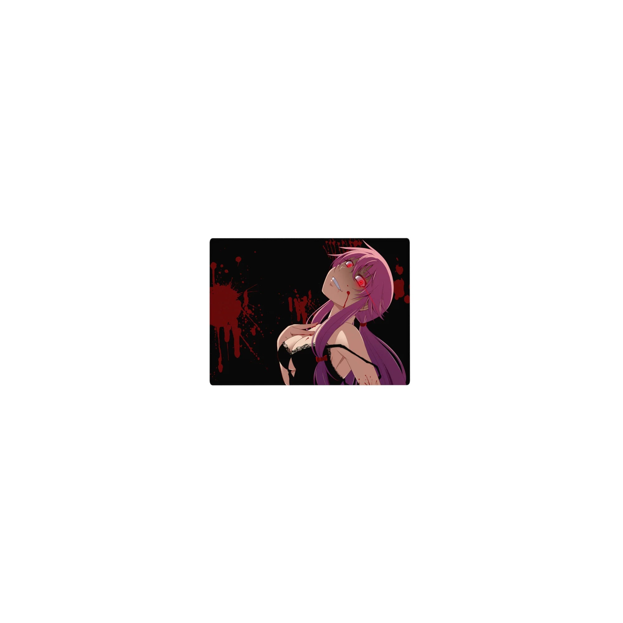 Classic anime girl mouse pad 14x10 inches with Yuno Gasai, twin tails, red eyes, black backdrop.