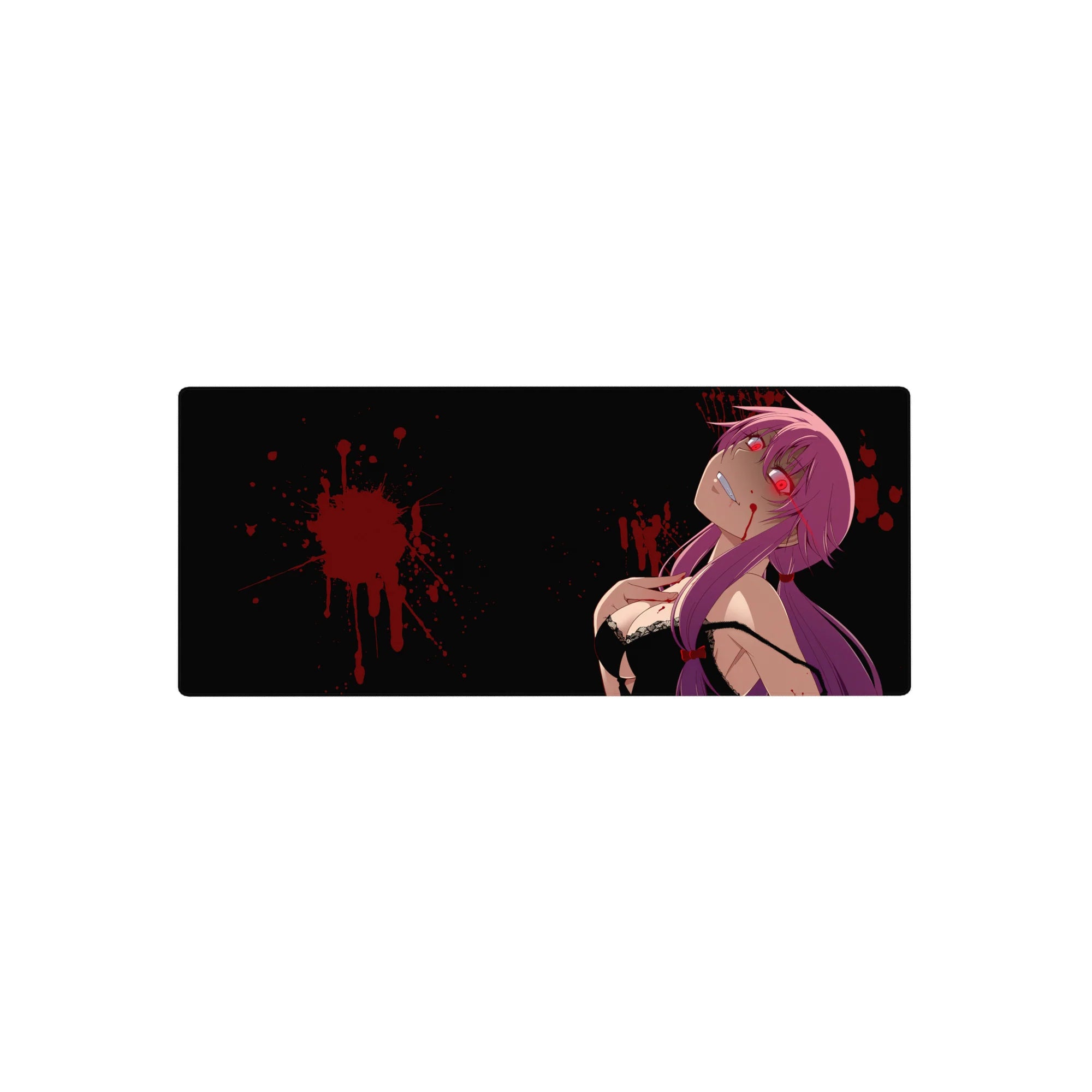 28x12 inches anime girl mouse pad with glossy dark art, twin tails, neon eyes, and splatter accents.