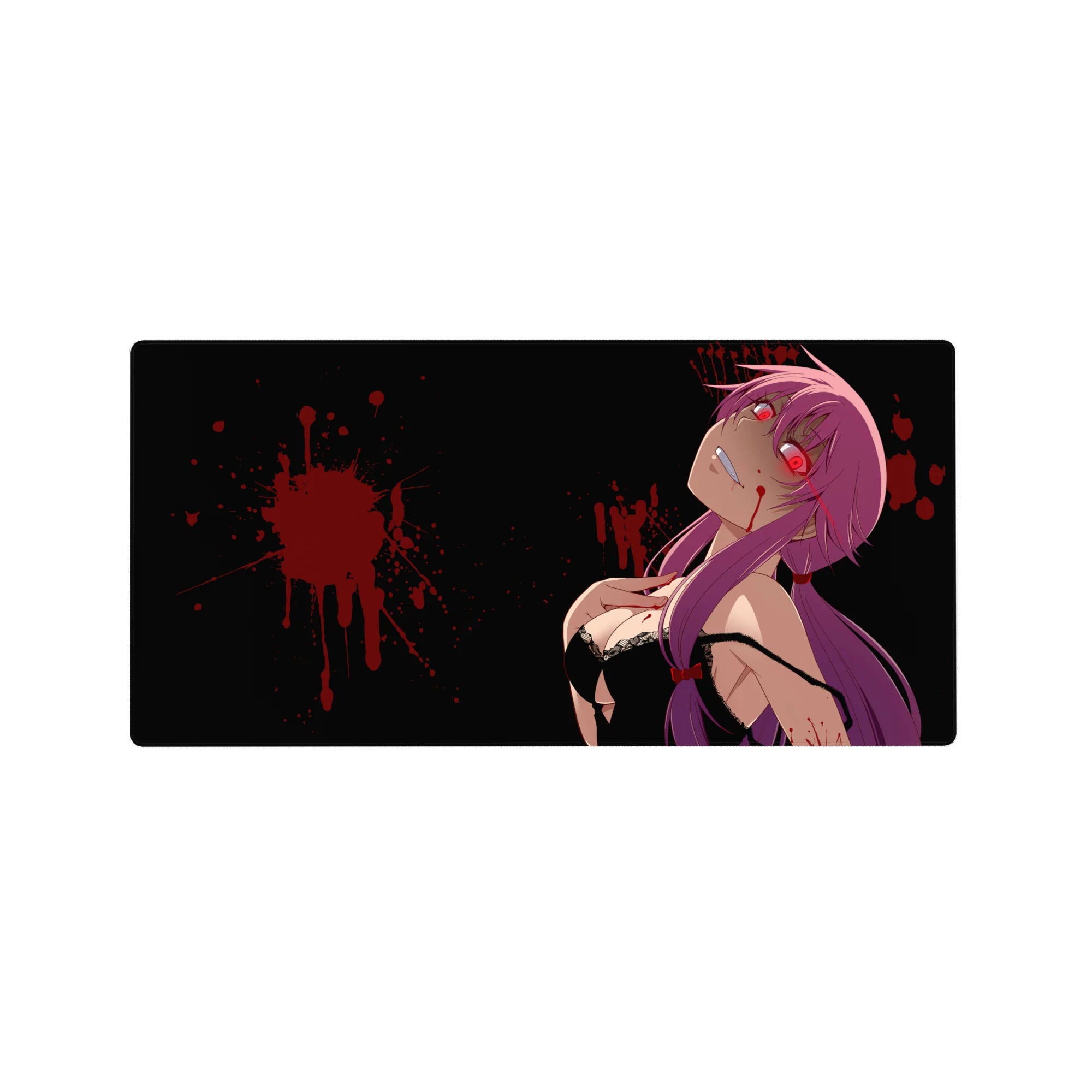 32x16 inches anime girl mouse pad with glossy dark backdrop, purple twin tails, and red splatter accents.