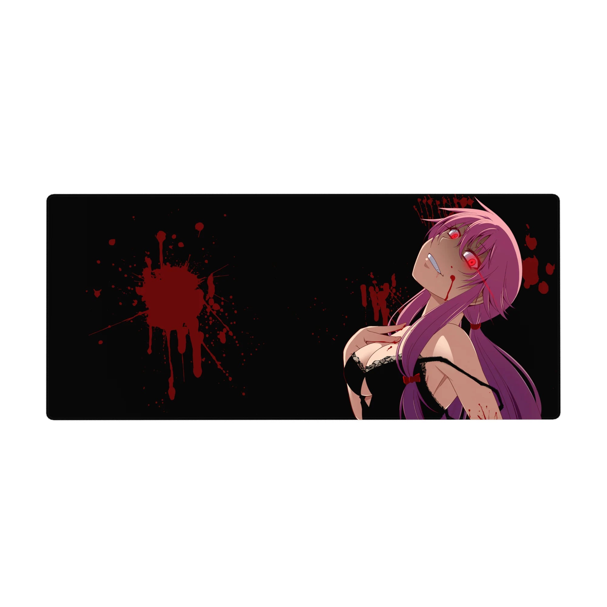 36x16 inches anime girl desk pad with glossy Yuno Gasai art, purple twin tails on black, red splatter.
