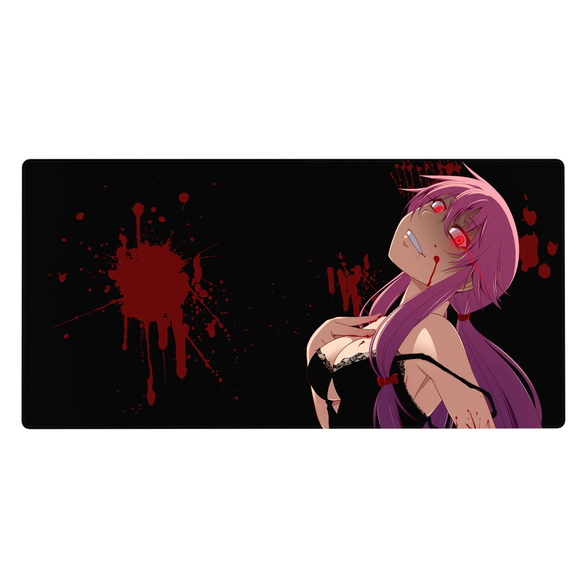 40x20 inches anime girl desk pad with glossy Yuno Gasai art, twin tails, black background and splatter.