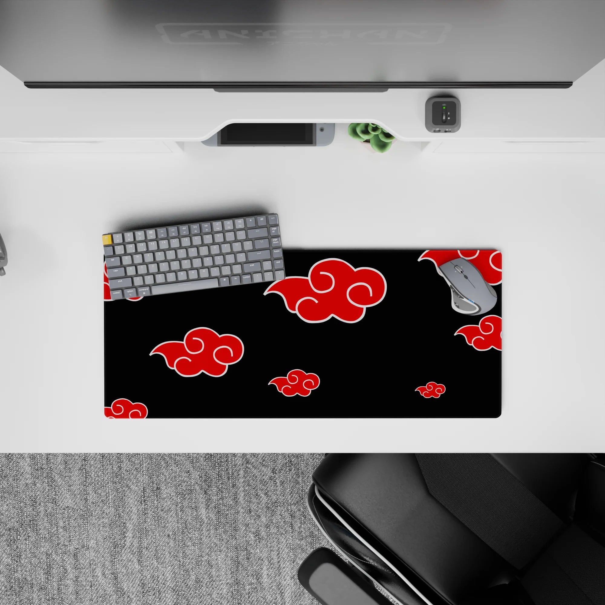 Black and red anime mouse pad 28x12 inches with bold white outlines, dark focused vibe.