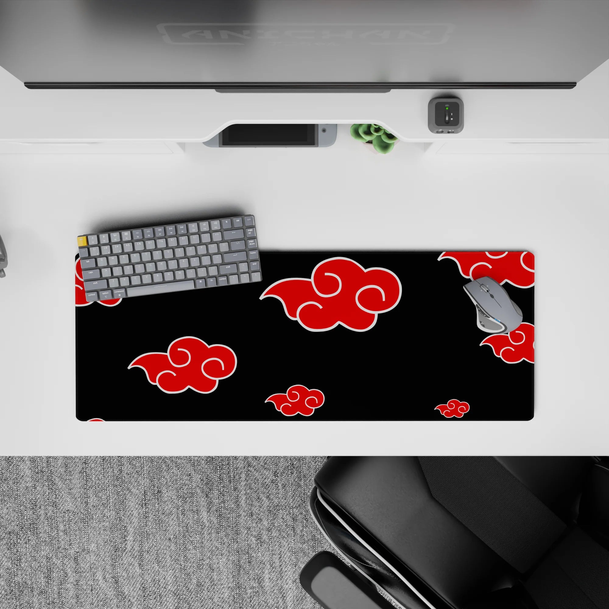 Black and red anime desk mat 32x12 inches, bold white outlines, clean dark vibe for gaming.