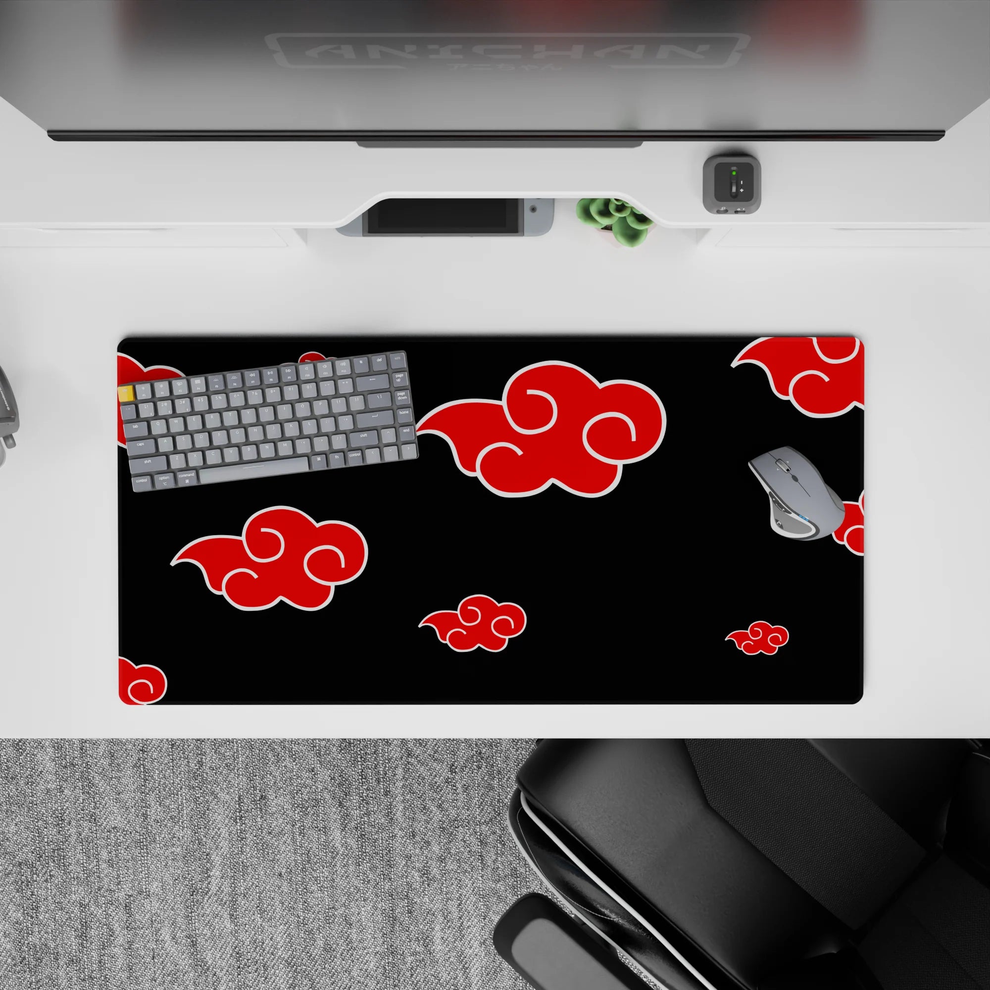 Black and red Akatsuki vibe desk pad with bold white outlines, smooth anime mouse pad 32x16 inches.