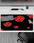Black and red Akatsuki vibe desk pad with bold white outlines, smooth anime mouse pad 32x16 inches.