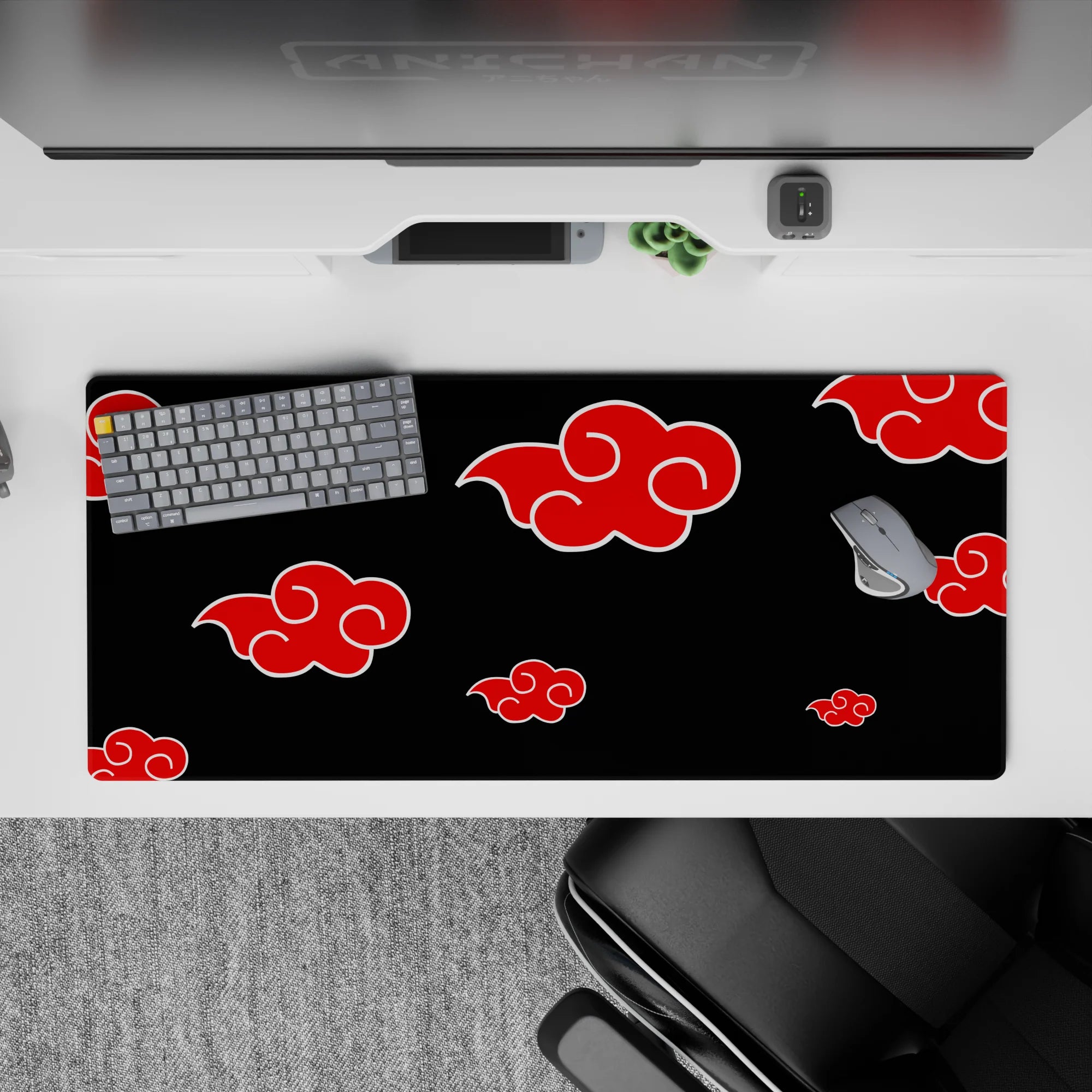 Naruto-inspired dark mood desk pad, 36x16 inches, deep black with bold red clouds and crisp swirls.