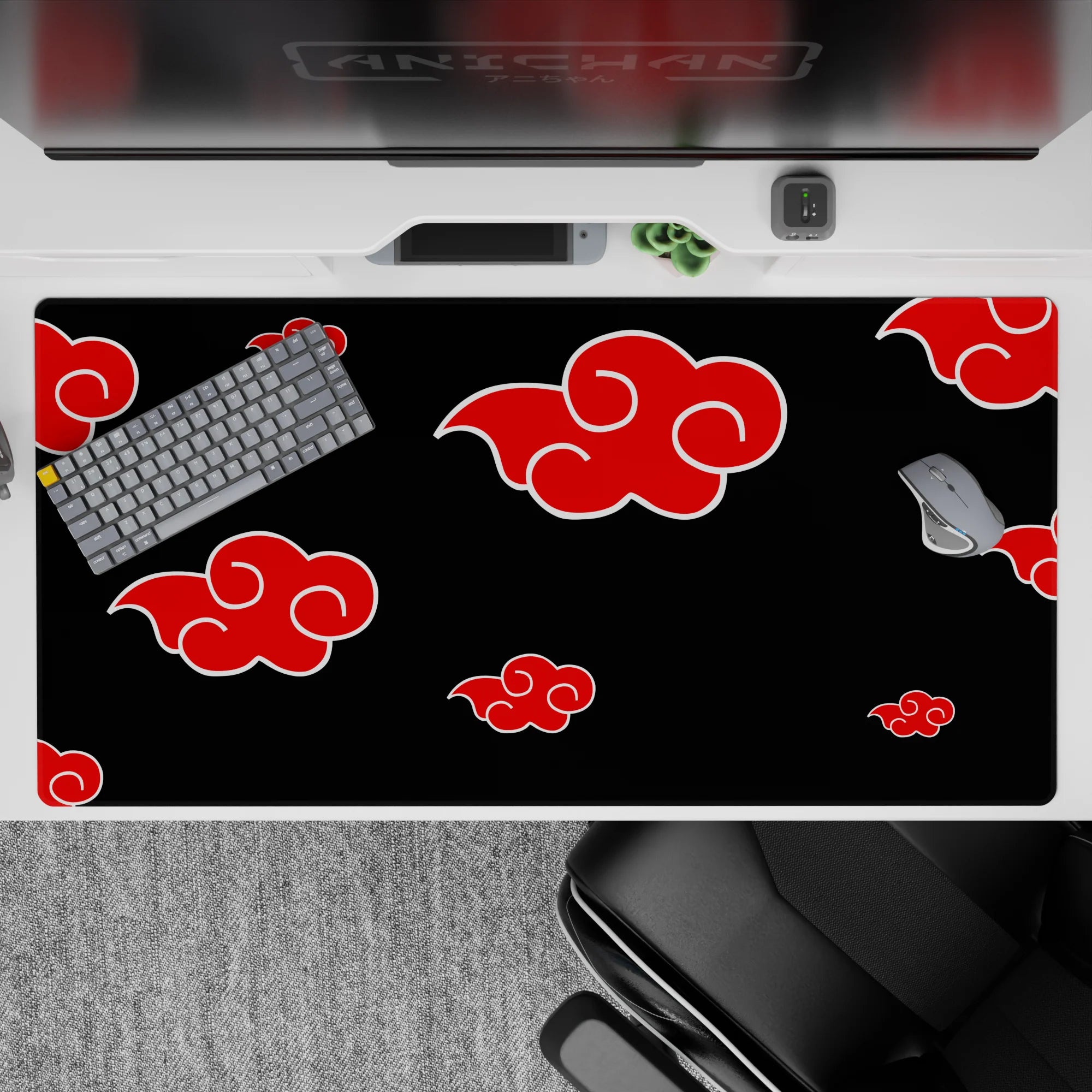 Black and crimson anime desk pad 40x20 inches, clean Akatsuki vibes for focused gaming.