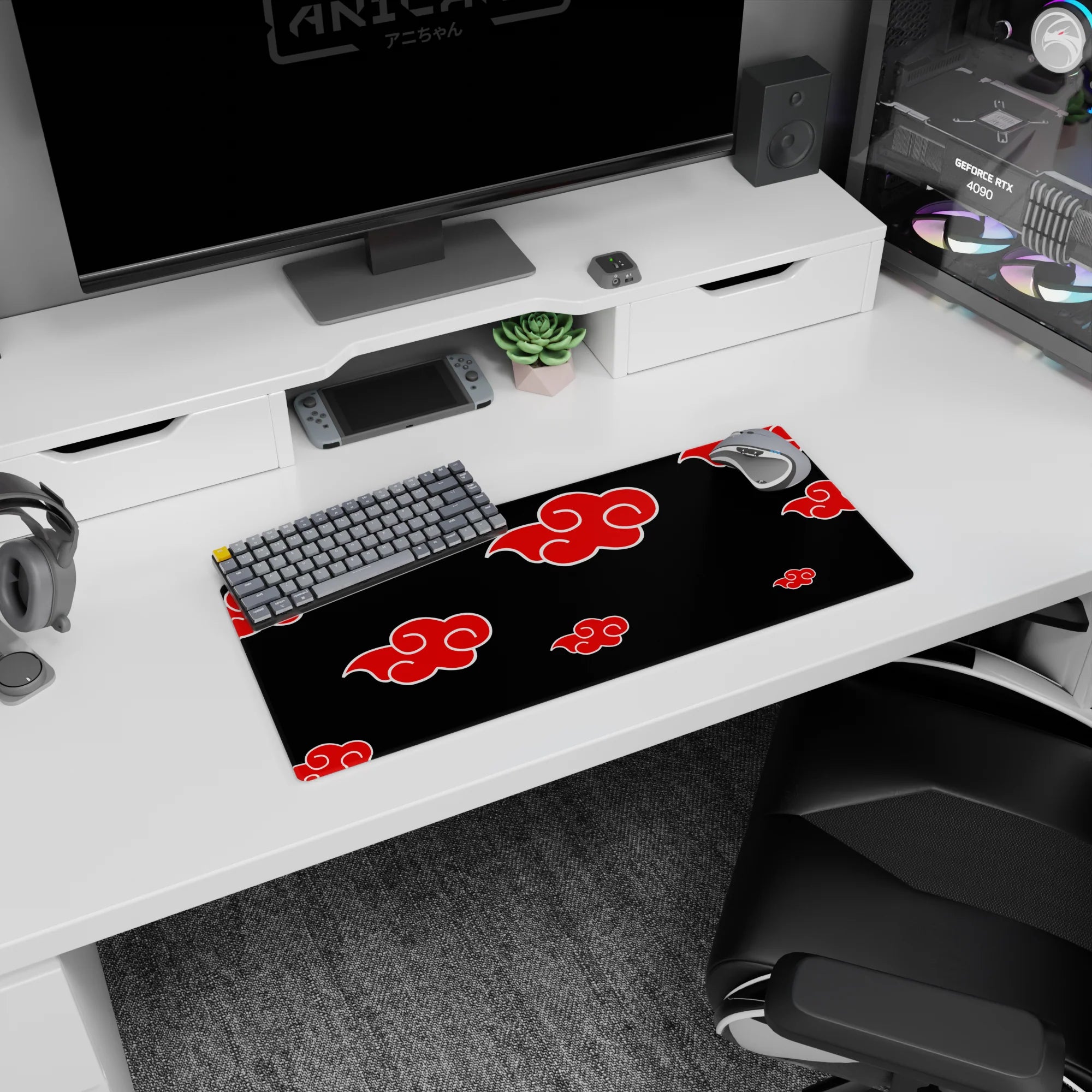 Naruto Akatsuki Itachi-inspired anime mouse pad 28x12 inches with red clouds on black.