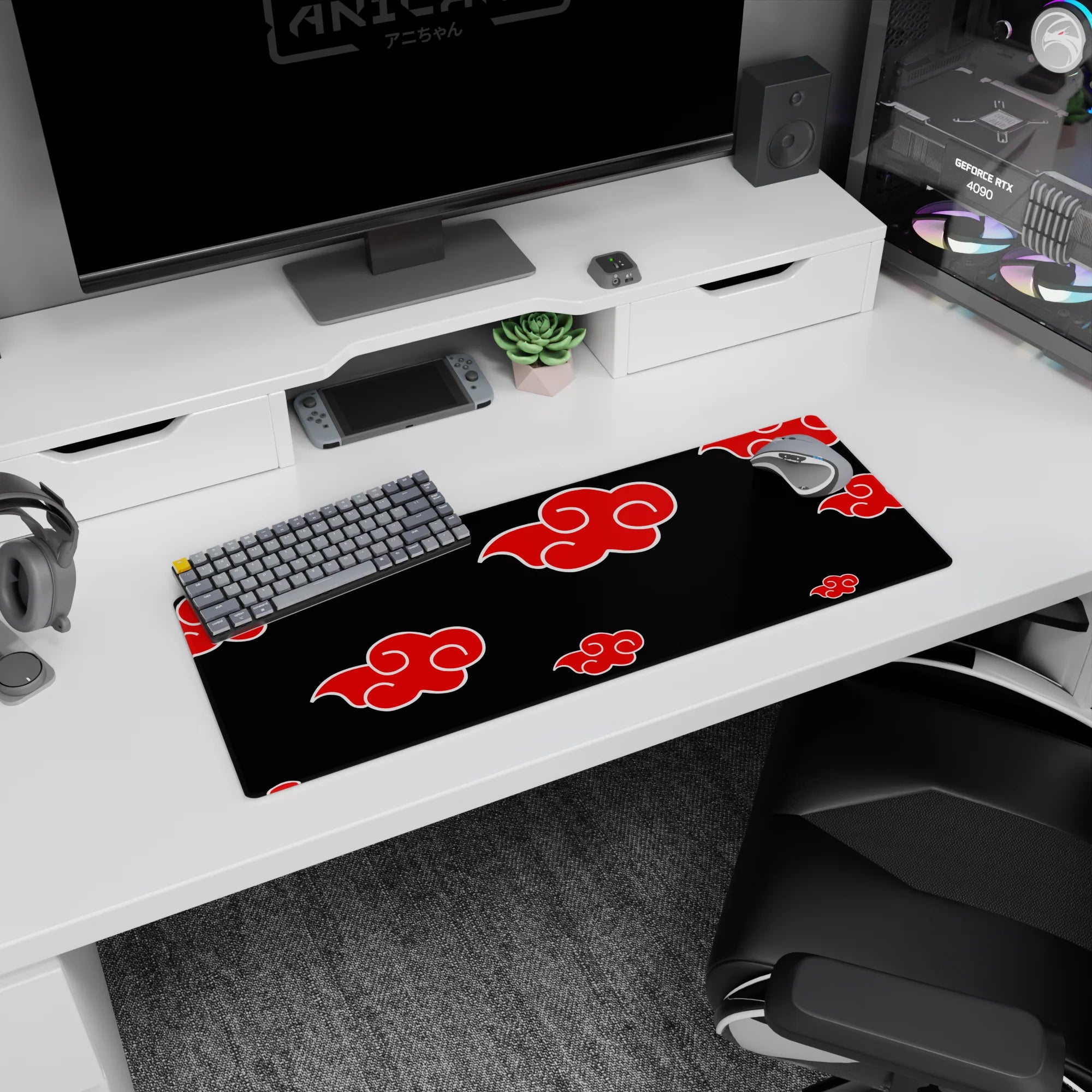 Naruto Akatsuki Itachi-inspired red clouds desk mouse pad 32x12 inches for collectors and gamers.