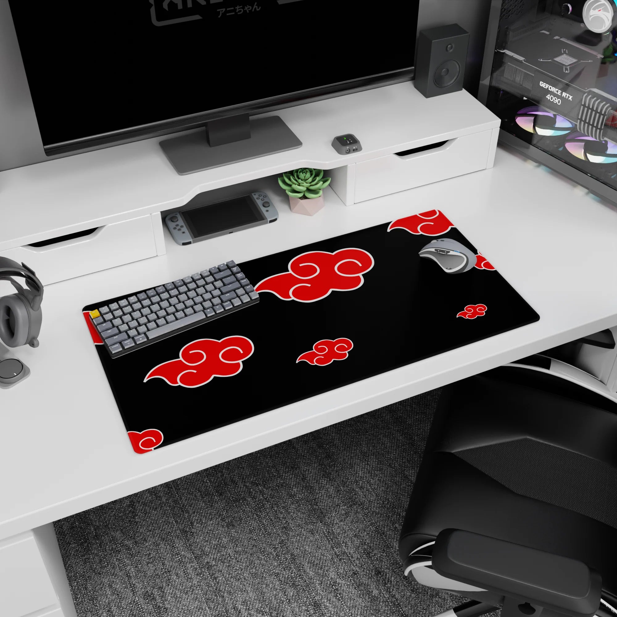 Naruto Akatsuki Itachi-inspired red clouds on black extended gaming mouse pad 32x16 inches.