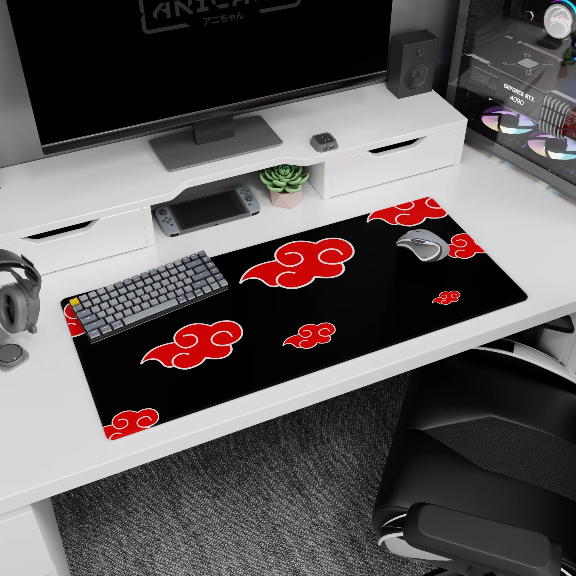Itachi Uchiha Akatsuki theme anime desk pad, 36x16 inches, red clouds on black for gaming.