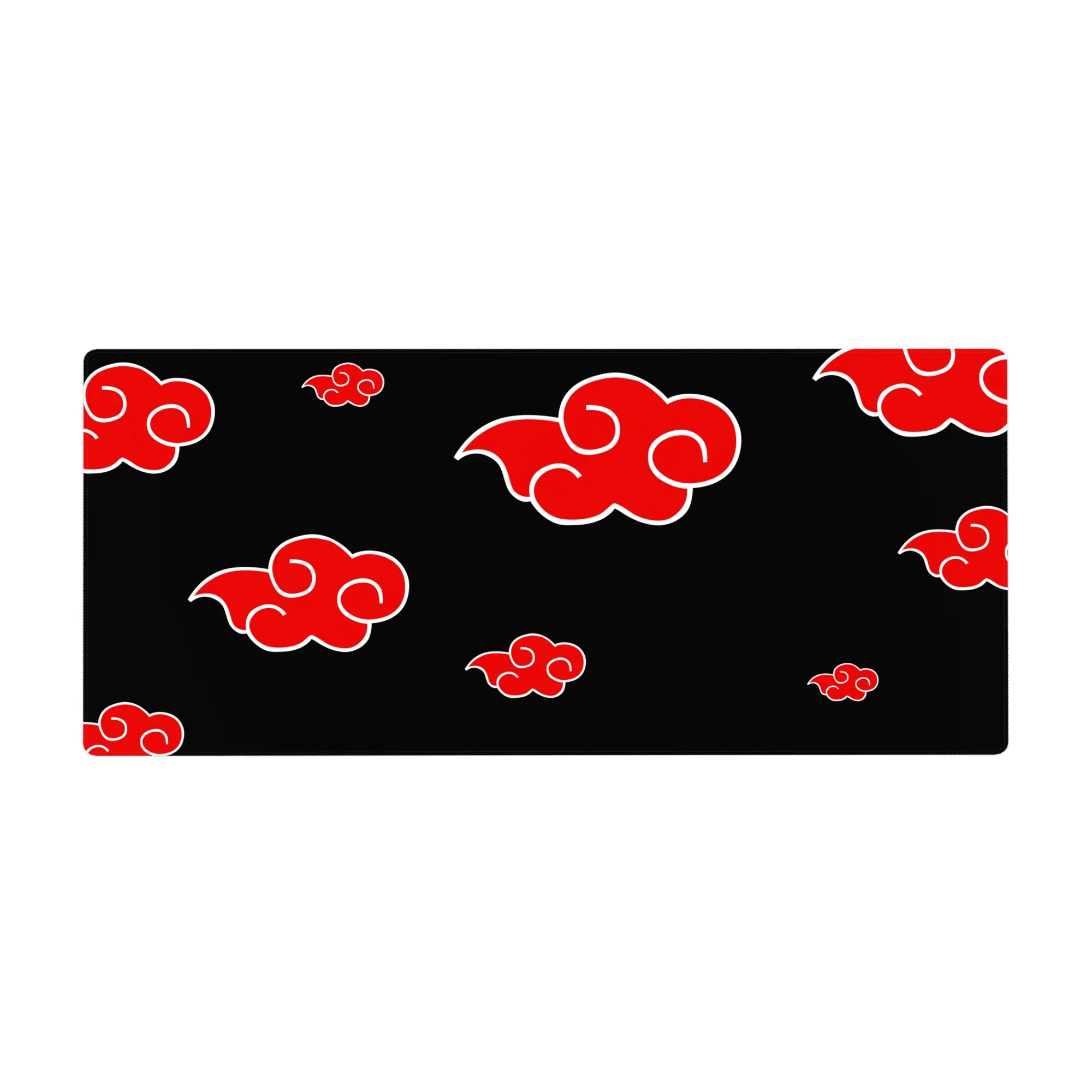Akatsuki red cloud pattern anime desk pad, 36x16 inches, black background with white outlines.