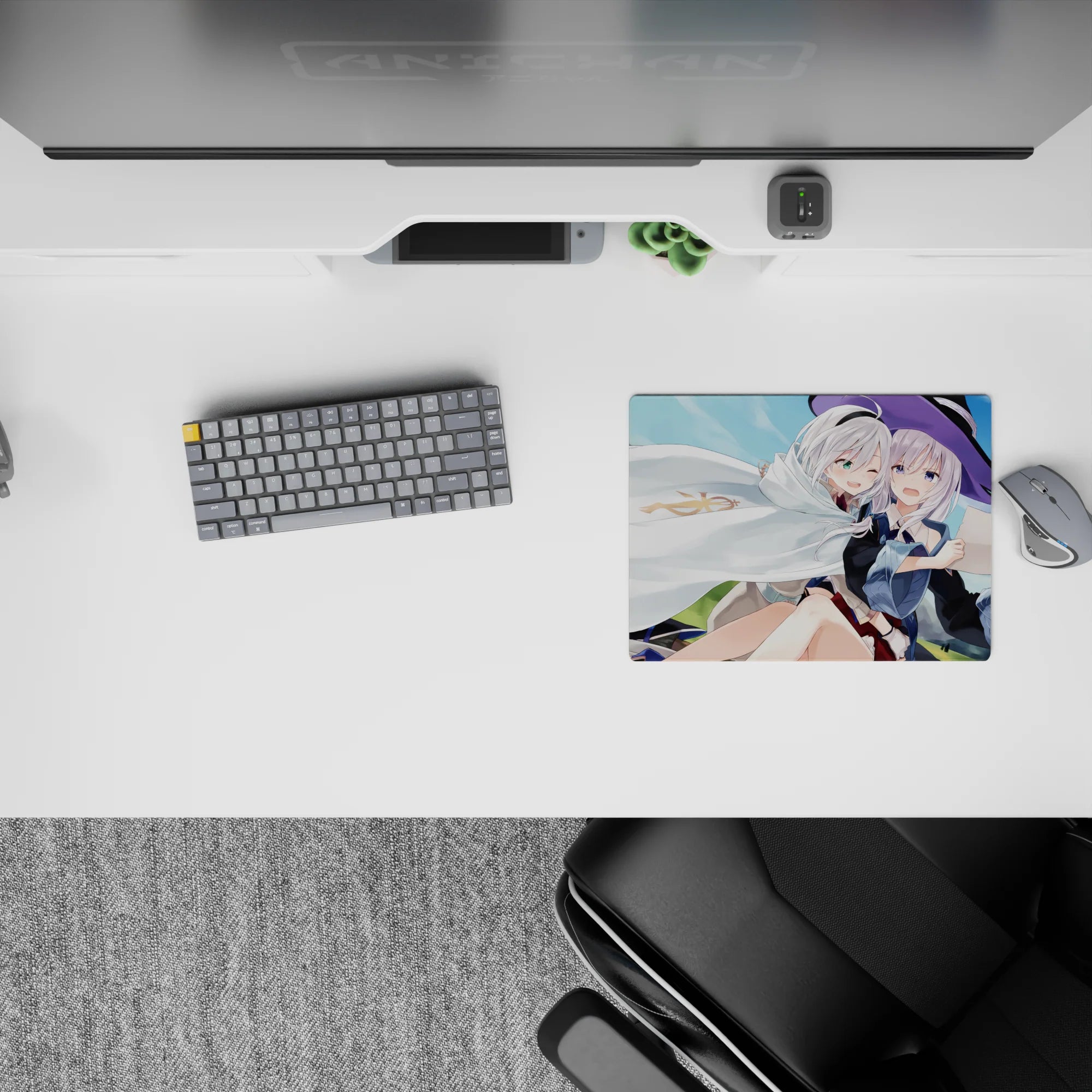 Cozy pastel anime girl mouse pad 14x10 inches in sky blue and soft green tones with playful mischief vibe.