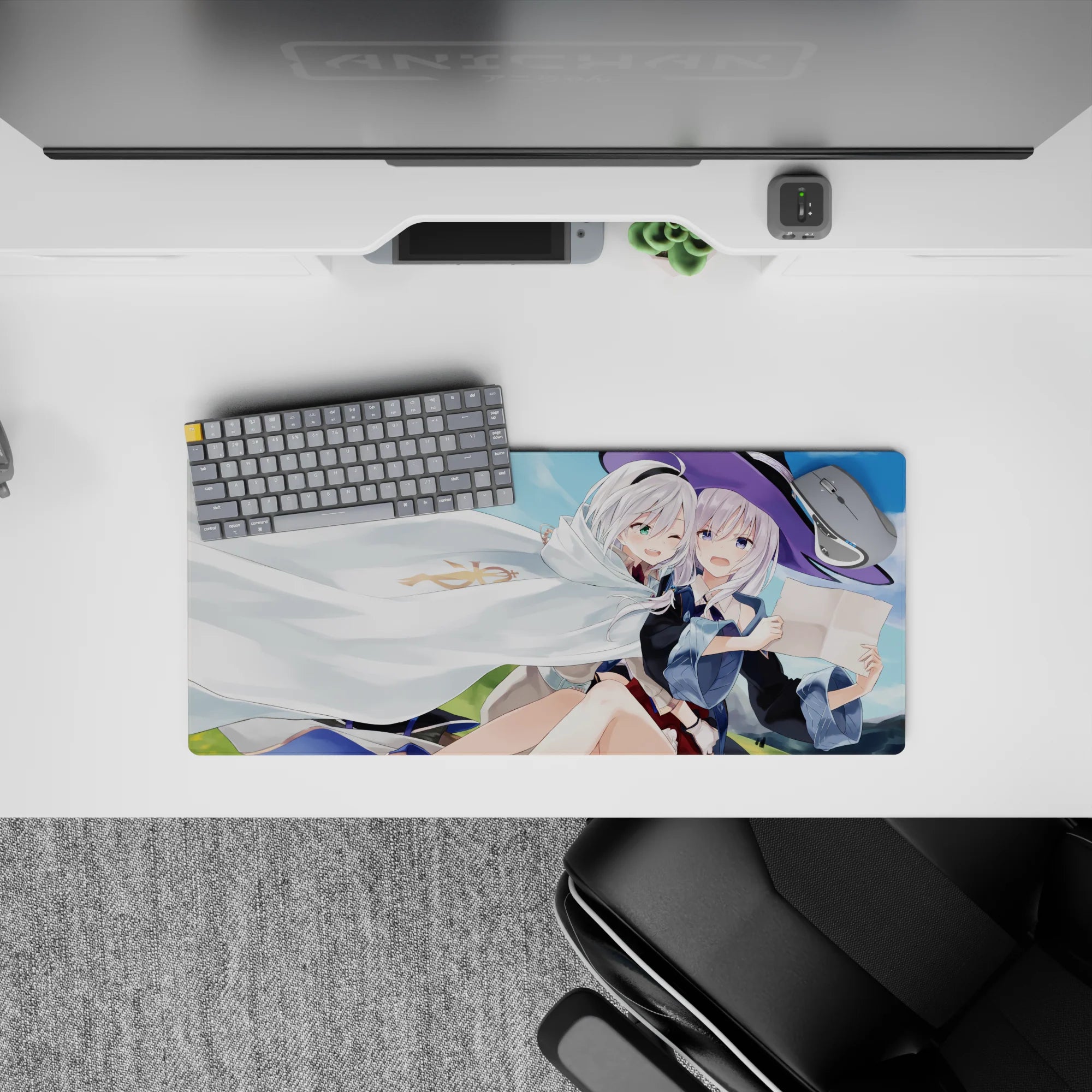 Cozy pastel anime girl mouse pad 28x12 inches in sky blue and soft green with crisp daylight highlights.