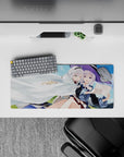 Cozy pastel anime girl mouse pad 28x12 inches in sky blue and soft green with crisp daylight highlights.