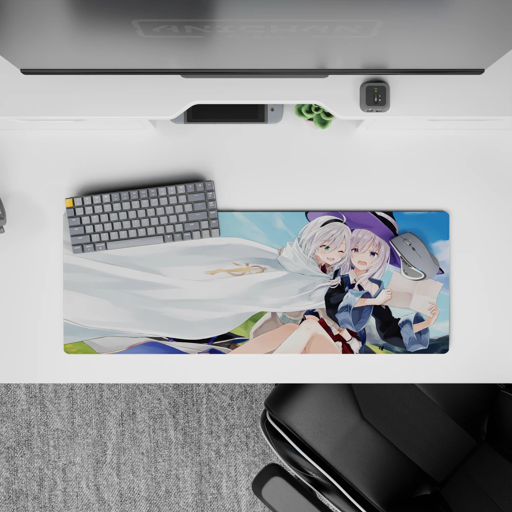 Cozy mischievous anime girl mouse pad 32x12 inches in sky blues, soft greens, and violet accents.