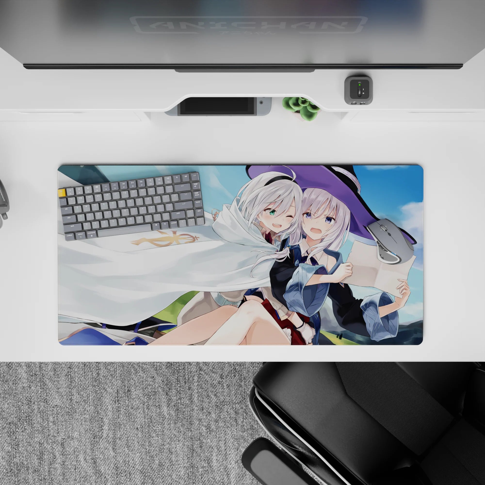 Cozy sky-blue and soft-green anime girl mouse pad 32x16 inches with playful mischief vibe.