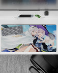 Cozy sky-blue and soft-green anime girl mouse pad 32x16 inches with playful mischief vibe.