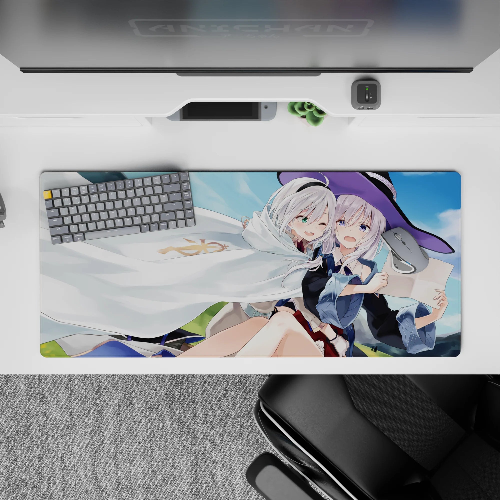 Cozy pastel anime desk pad 36x16 inches in sky blues and soft greens, playful mischievous mood.