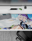 Cozy pastel anime desk pad 36x16 inches in sky blues and soft greens, playful mischievous mood.