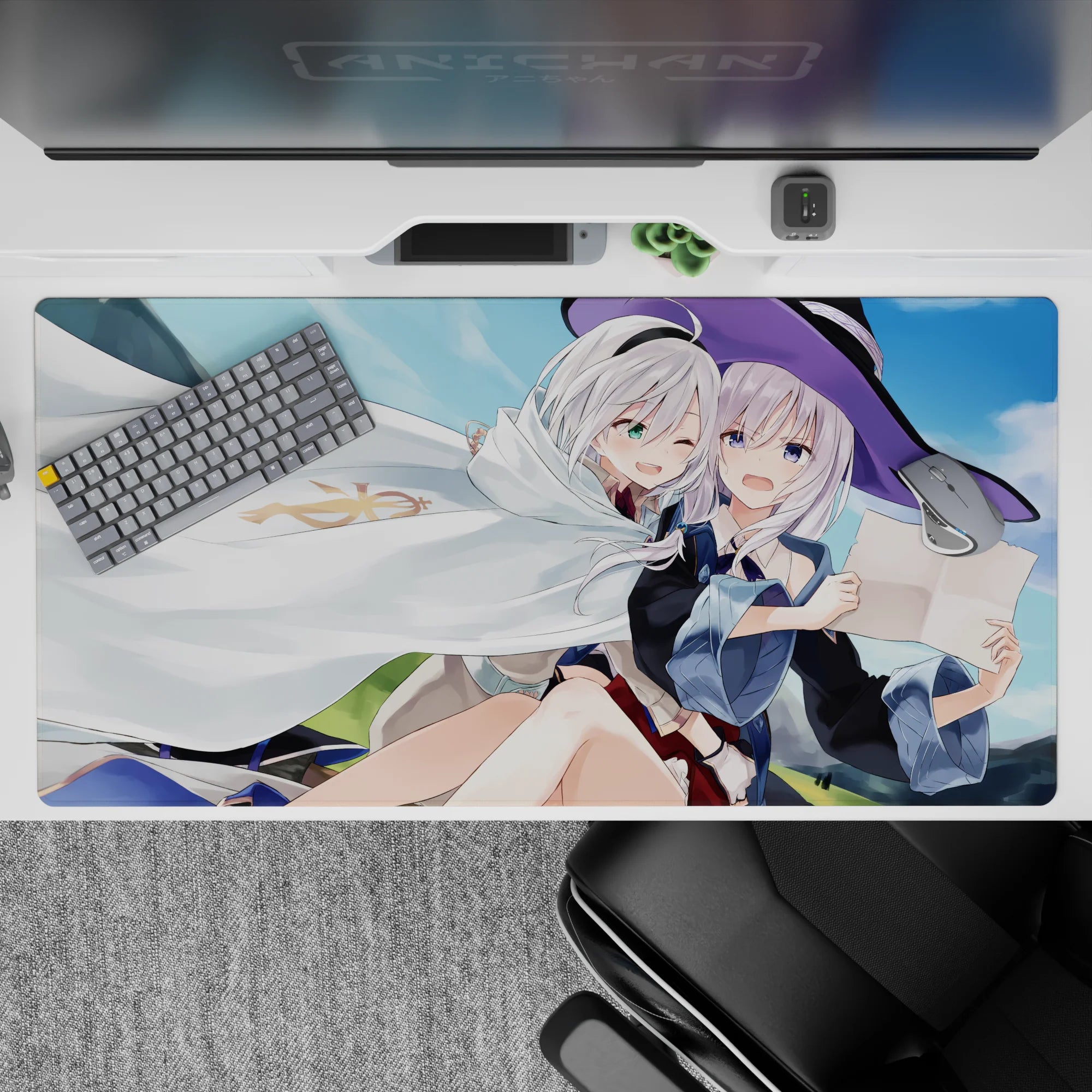 Cozy mischievous anime desk pad 40x20 inches in sky blues and soft greens with bright highlights.