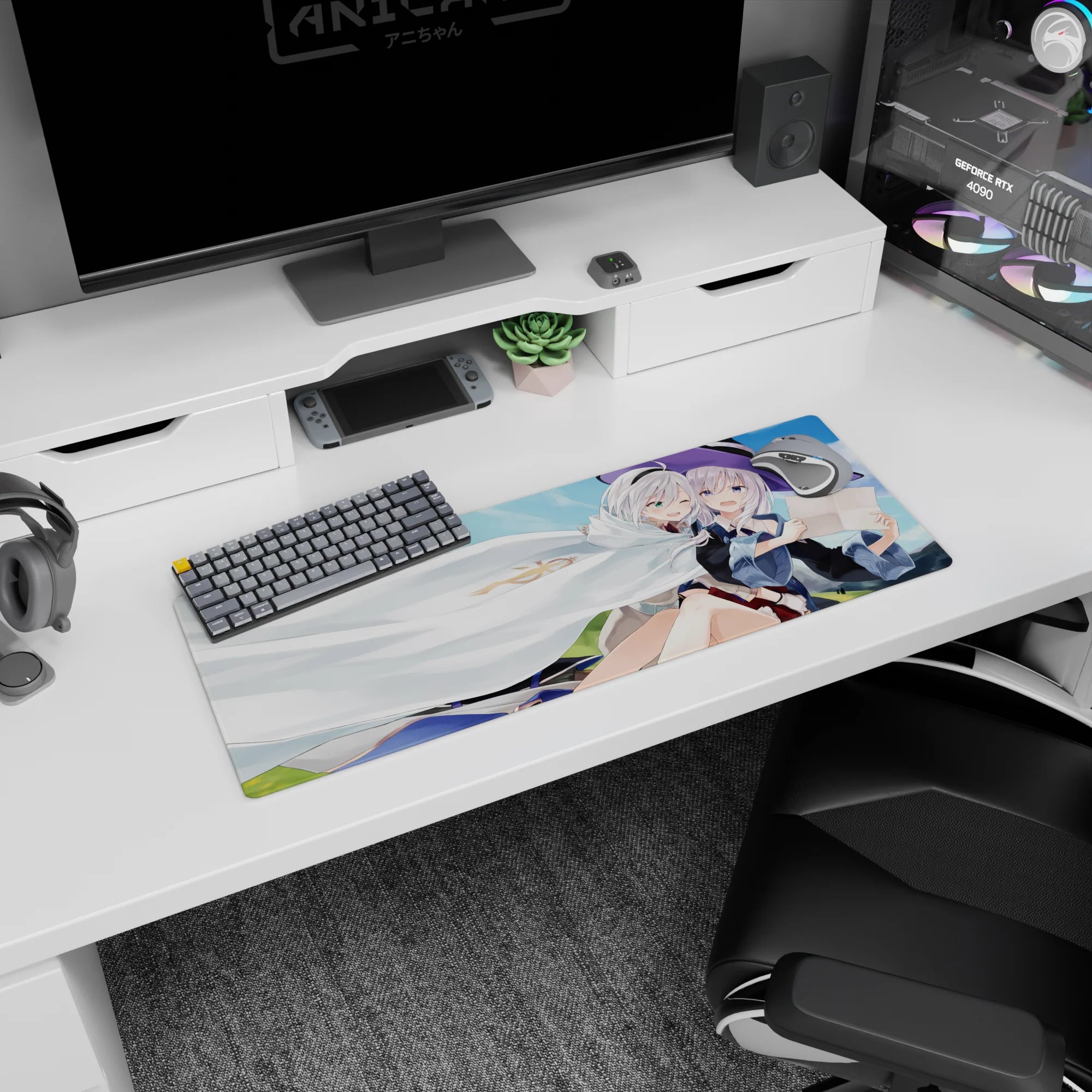 Two silver-haired anime girls cuddling under a white cloak, one in a violet witch hat, mouse pad 32x12 inches.