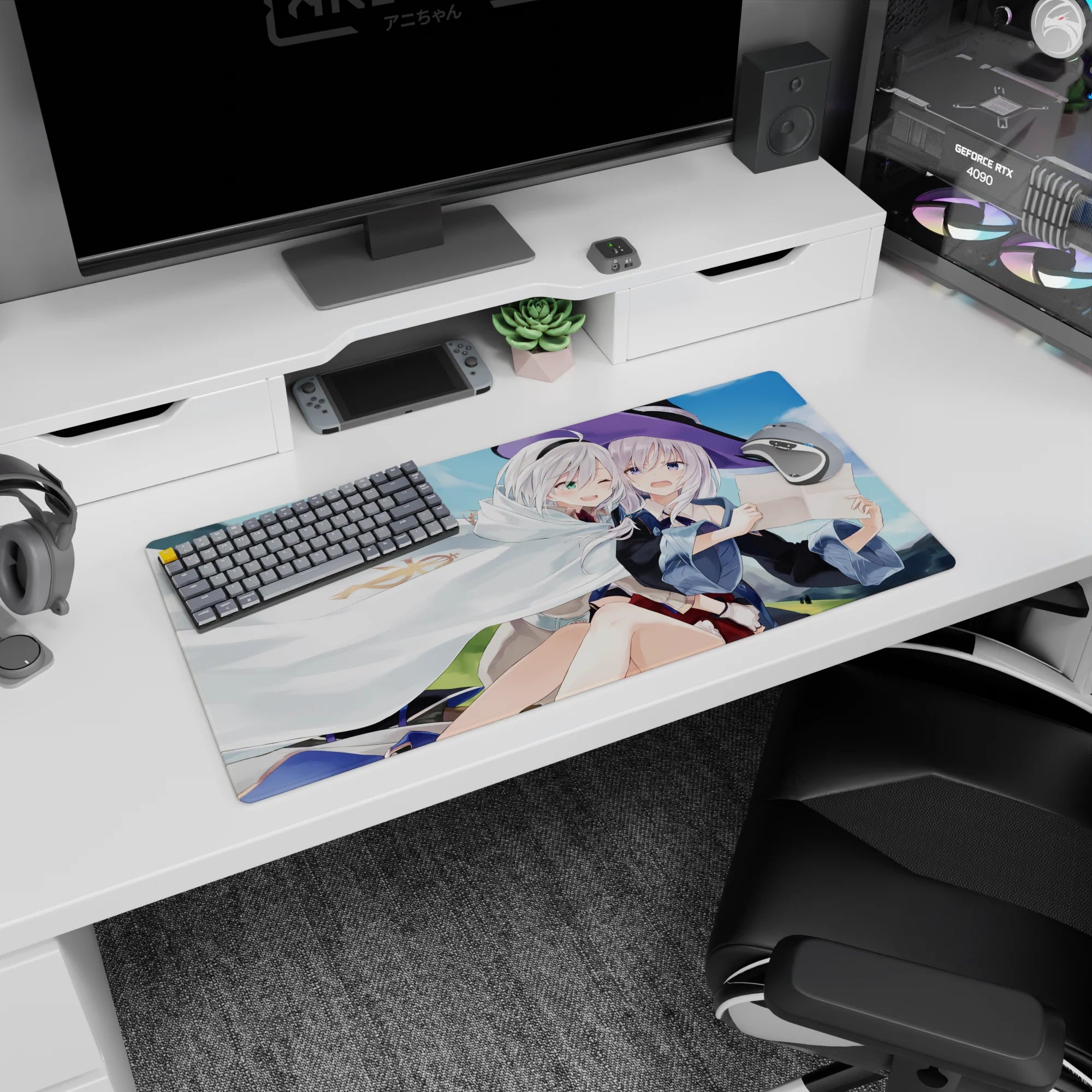 Two silver-haired girls snuggling under a billowing cloak, violet witch hat, anime mouse pad 32x16 inches.