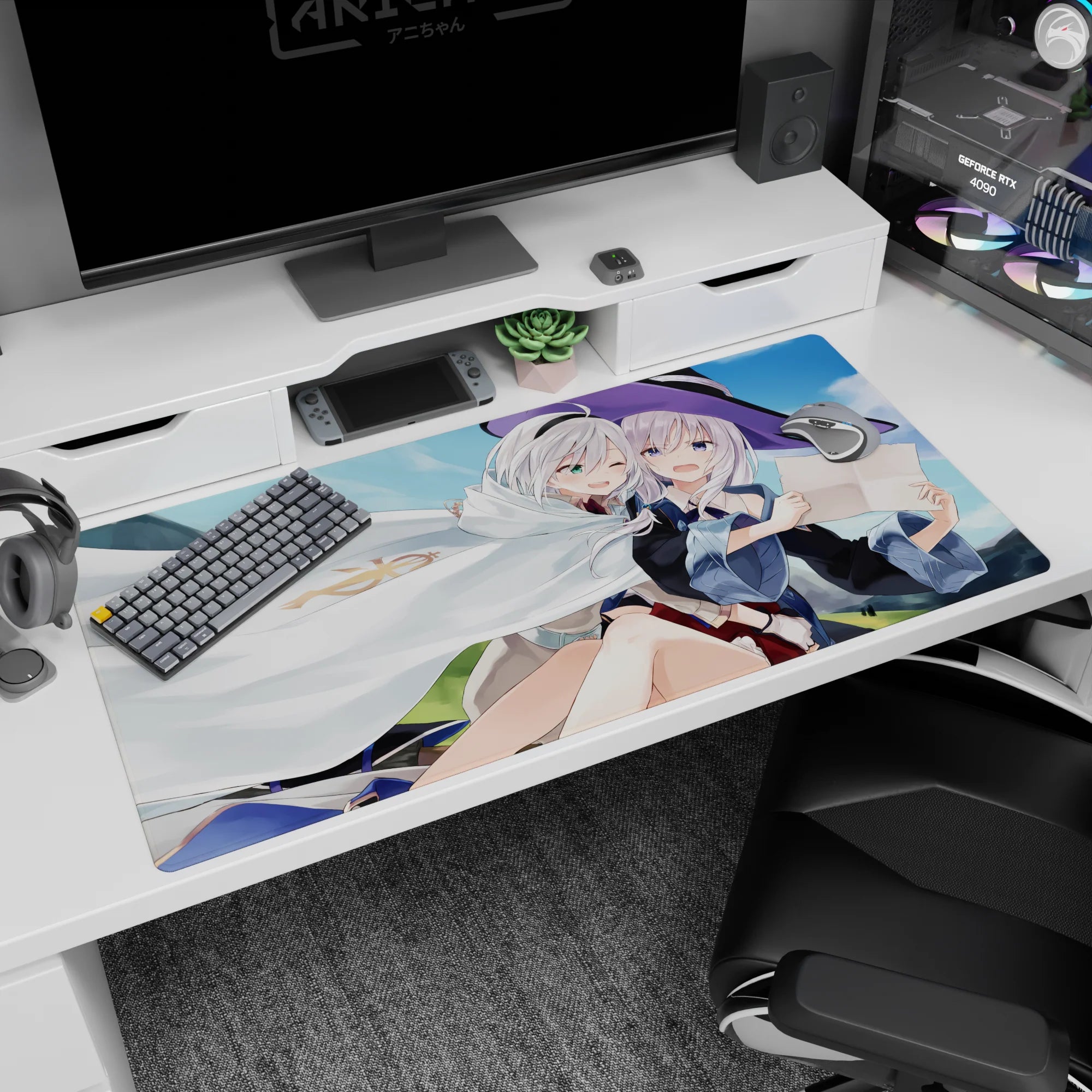 Two silver-haired anime girls snuggling under a white cloak, one in a violet witch hat, 40x20 inches.