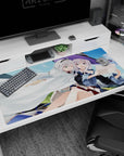 Two silver-haired anime girls snuggling under a white cloak, one in a violet witch hat, 40x20 inches.