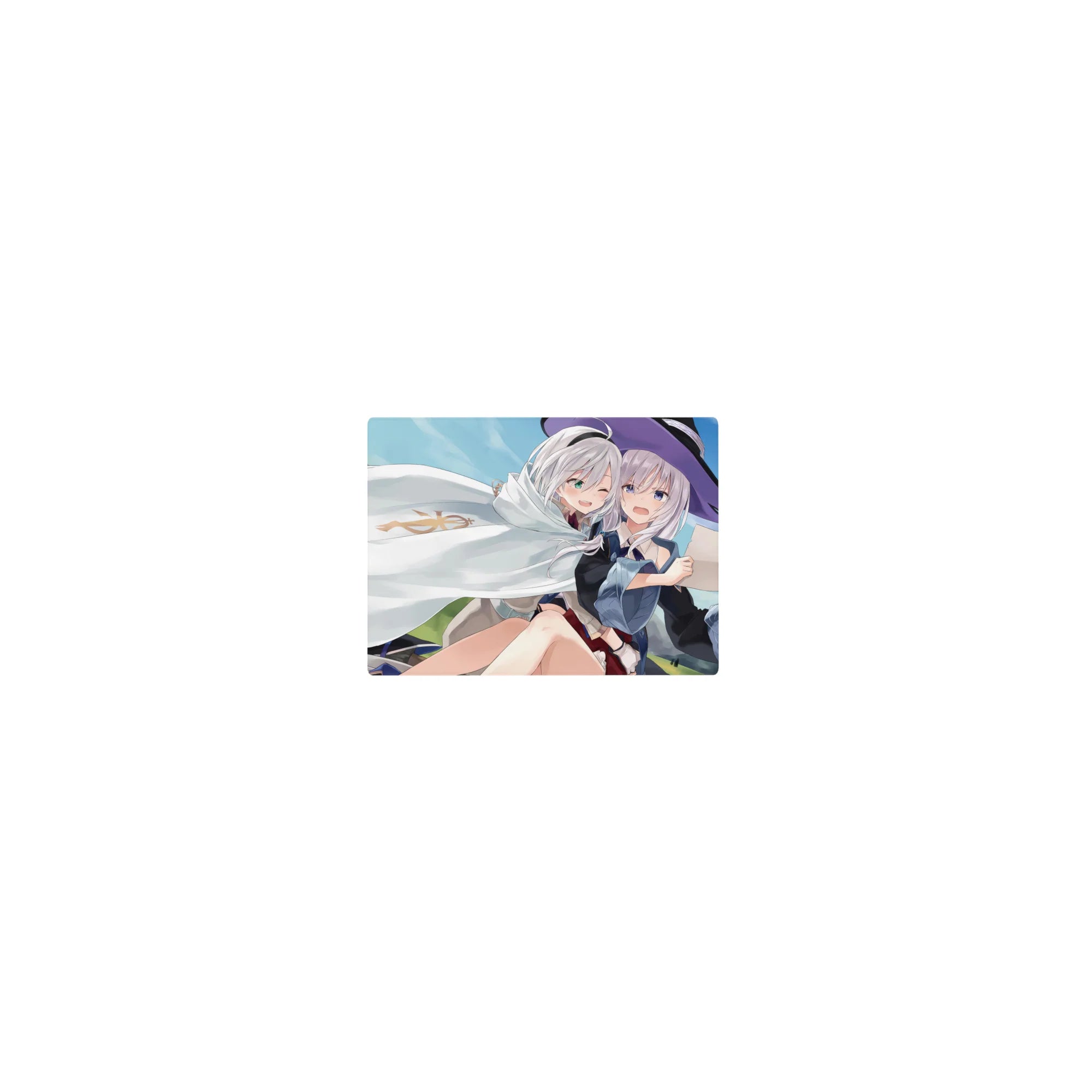 Classic anime girl mouse pad 14x10 inches with two silver-haired girls, witch hat, and white cloak design.