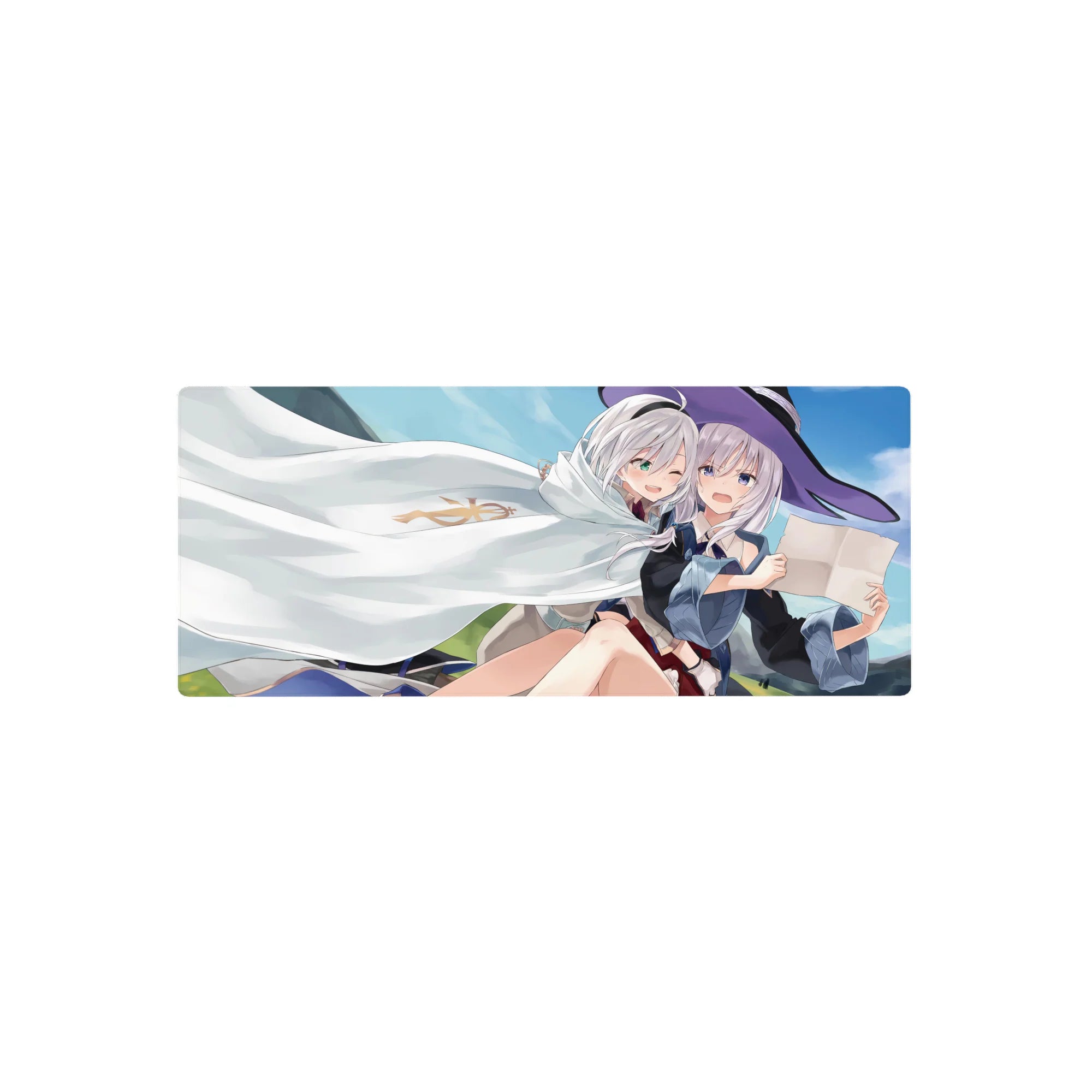 Anime girl mouse pad 28x12 inches with two silver-haired girls under a white cloak, witch hat detail.