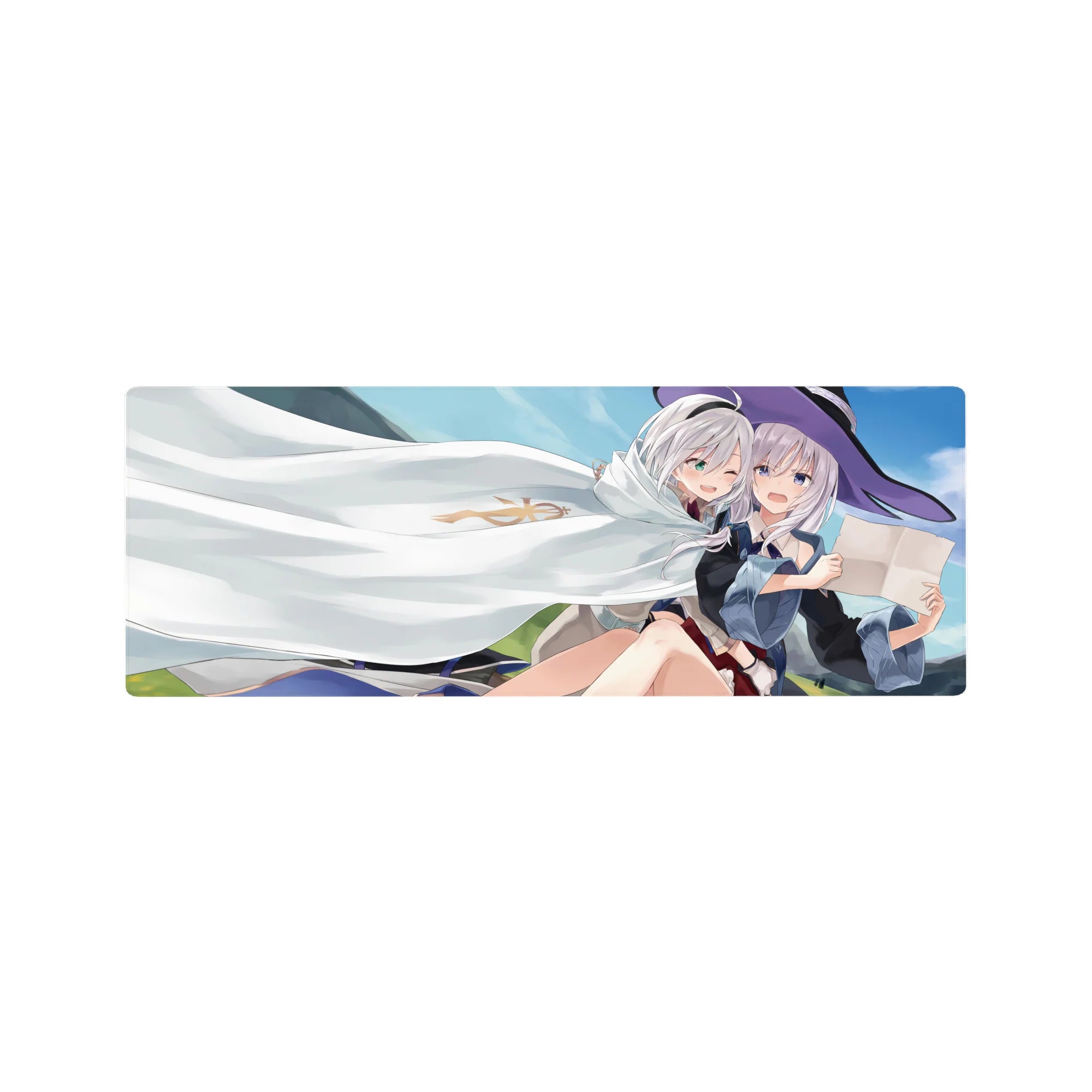 Anime girl mouse pad 32x12 inches with two silver-haired girls, witch hat, white cloak, crisp line art.