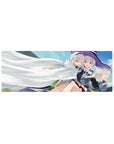 Anime girl mouse pad 32x12 inches with two silver-haired girls, witch hat, white cloak, crisp line art.