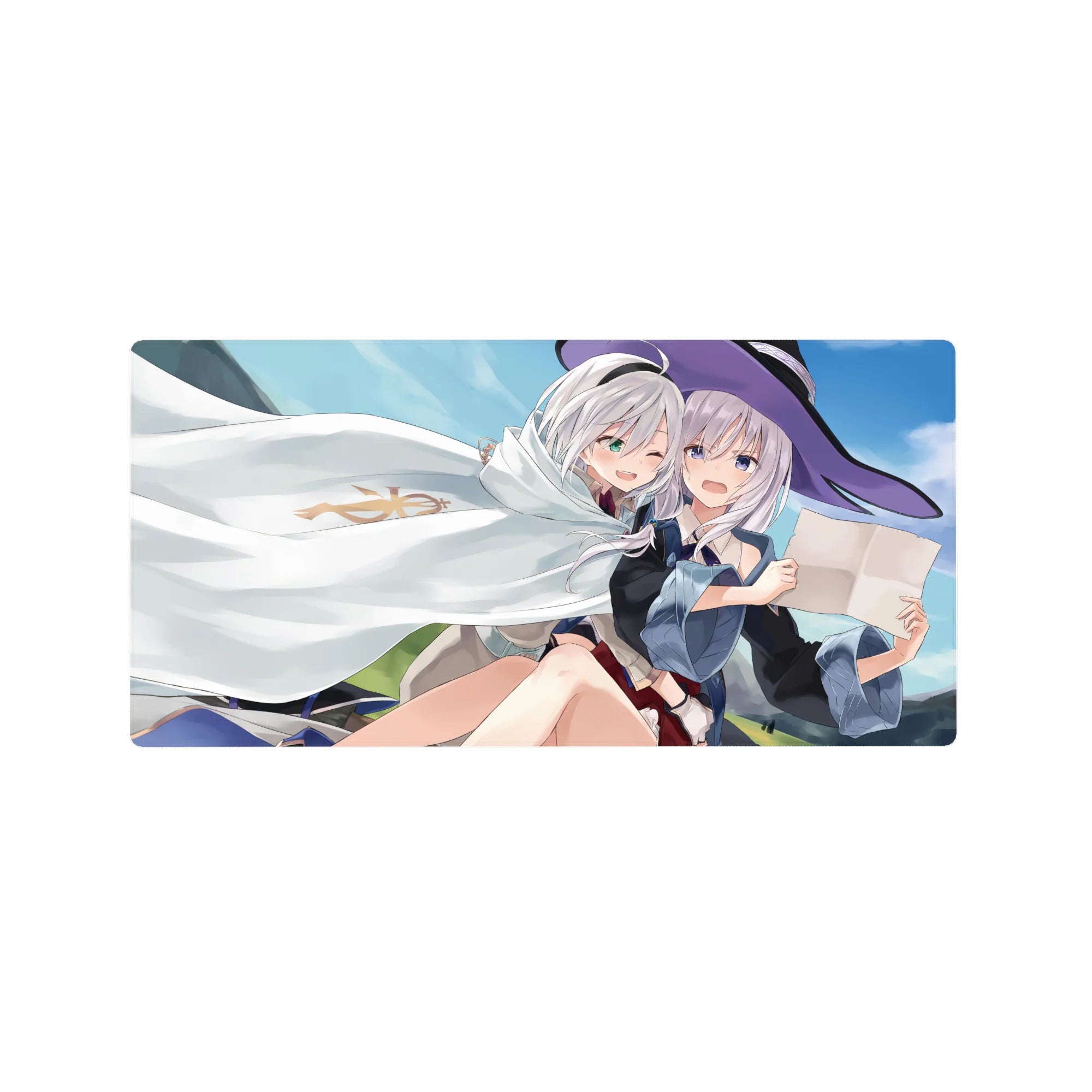 Anime girl mouse pad 32x16 inches with two silver-haired girls under a white cloak and witch hat.