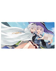 Anime girl mouse pad 32x16 inches with two silver-haired girls under a white cloak and witch hat.